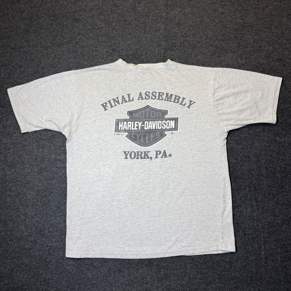 Vintage 1998 Harley-Davidson T-Shirt Mens L Grey York PA Final Assembly Pocket
